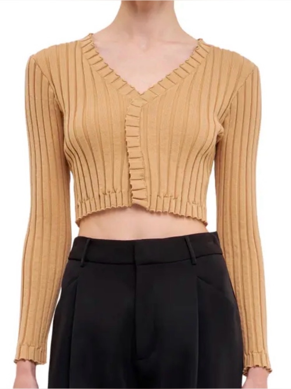 Endless Rose Ribbed V-Neck Cropped Cardigan Sweater - Camel